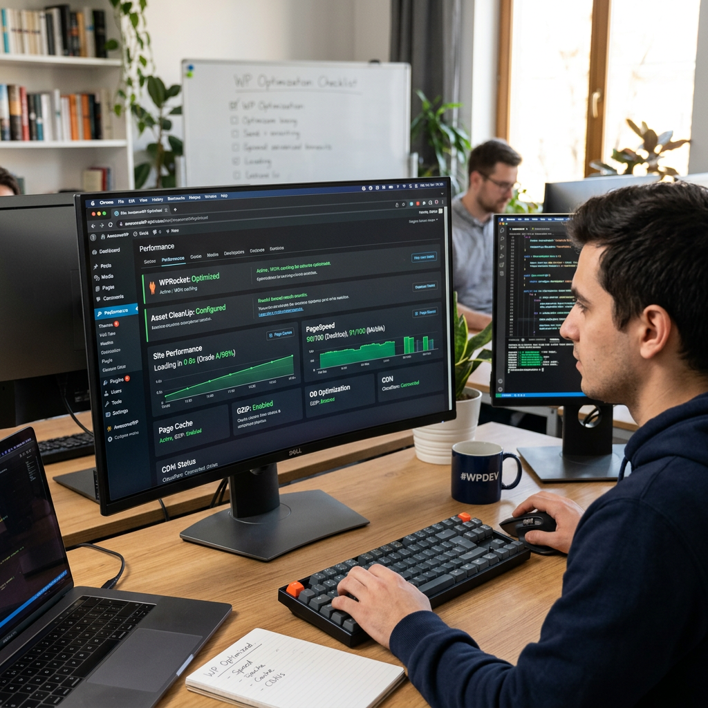 Developer reviewing WordPress performance dashboard beside a code editor